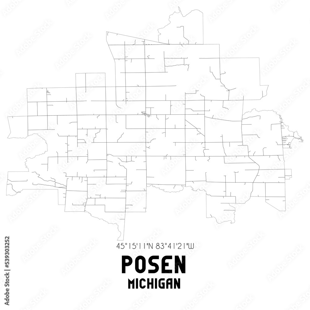 Posen Michigan. US street map with black and white lines.