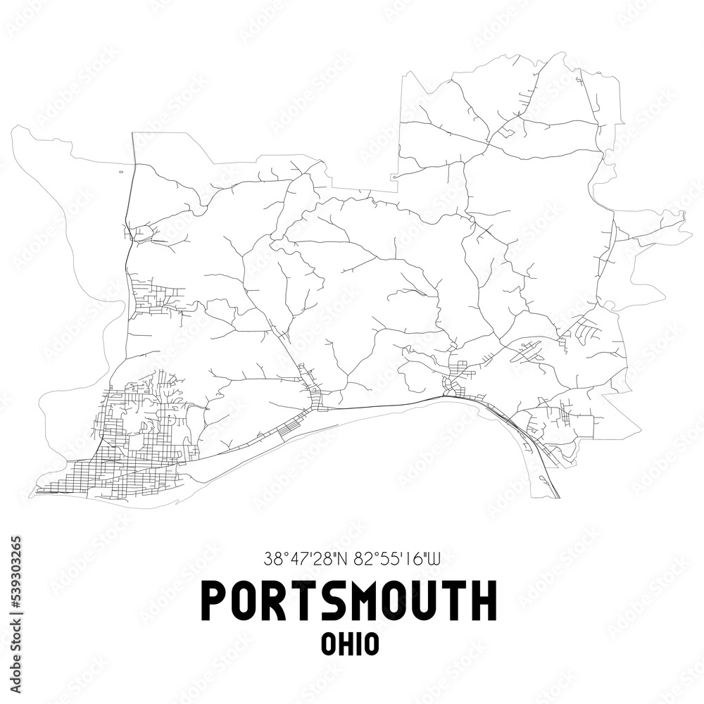 Portsmouth Ohio. US street map with black and white lines.
