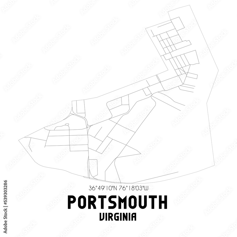 Portsmouth Virginia. US street map with black and white lines.