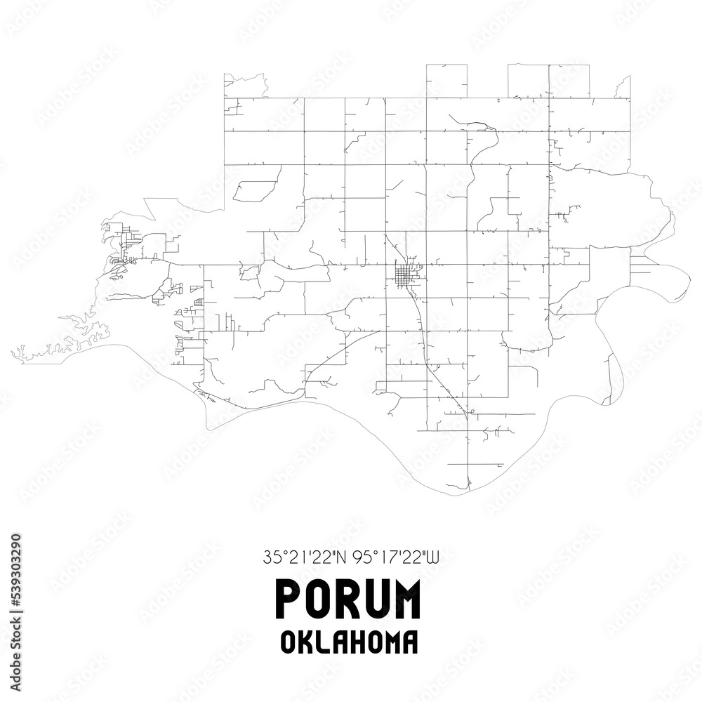 Porum Oklahoma. US street map with black and white lines.