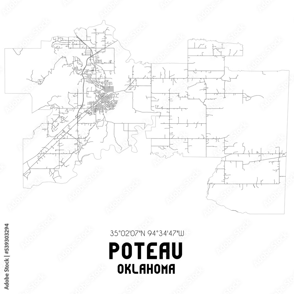 Poteau Oklahoma. US street map with black and white lines.