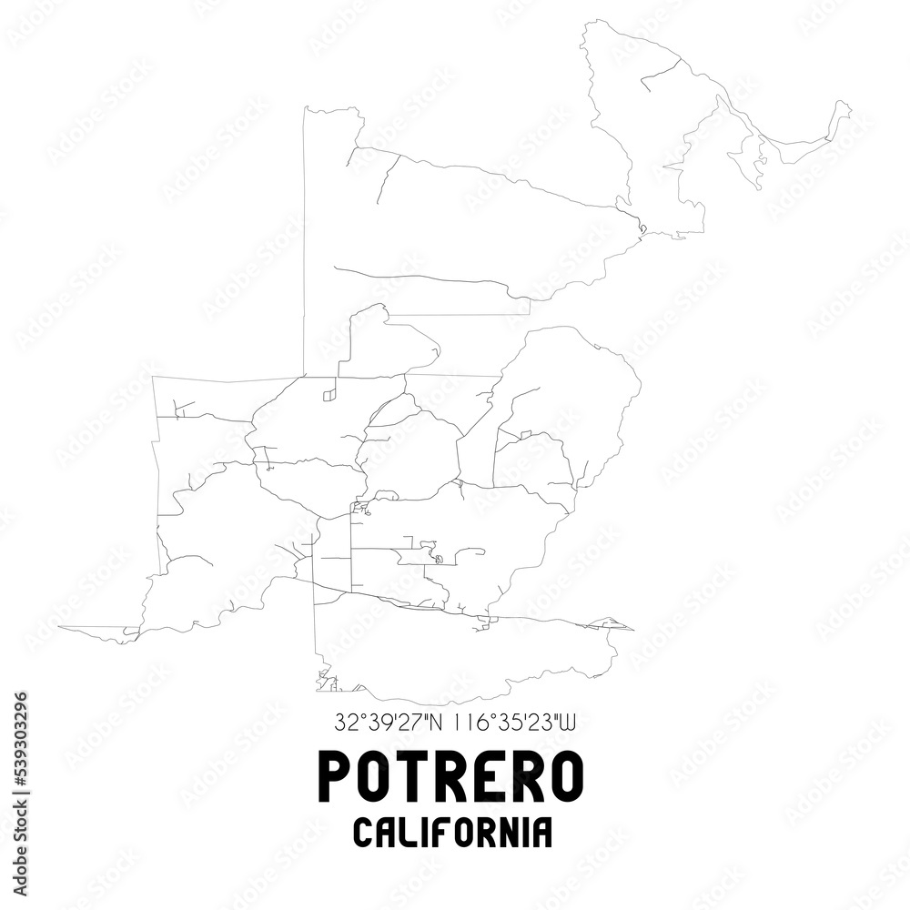 Potrero California. US street map with black and white lines.