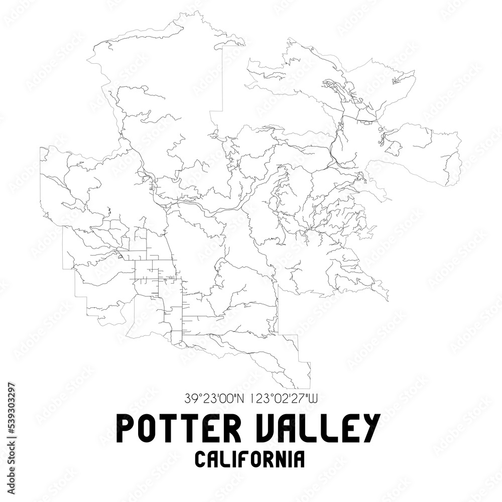 Potter Valley California. US street map with black and white lines.