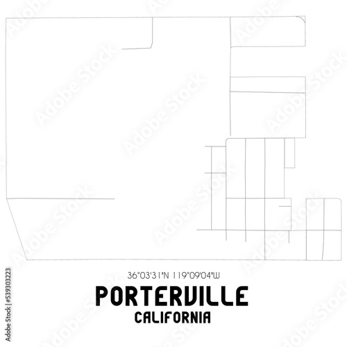 Porterville California. US street map with black and white lines. photo
