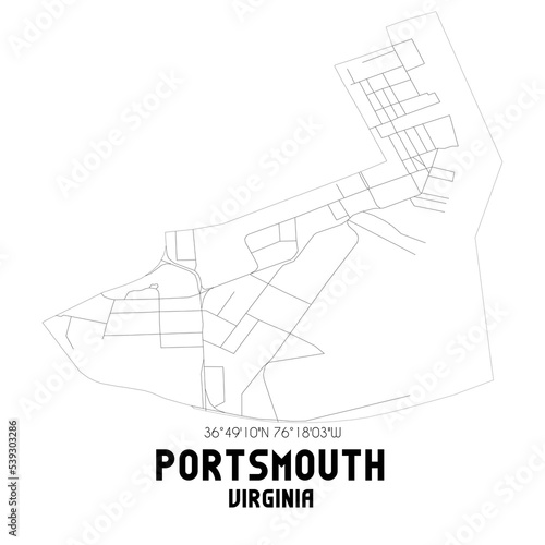 Portsmouth Virginia. US street map with black and white lines.