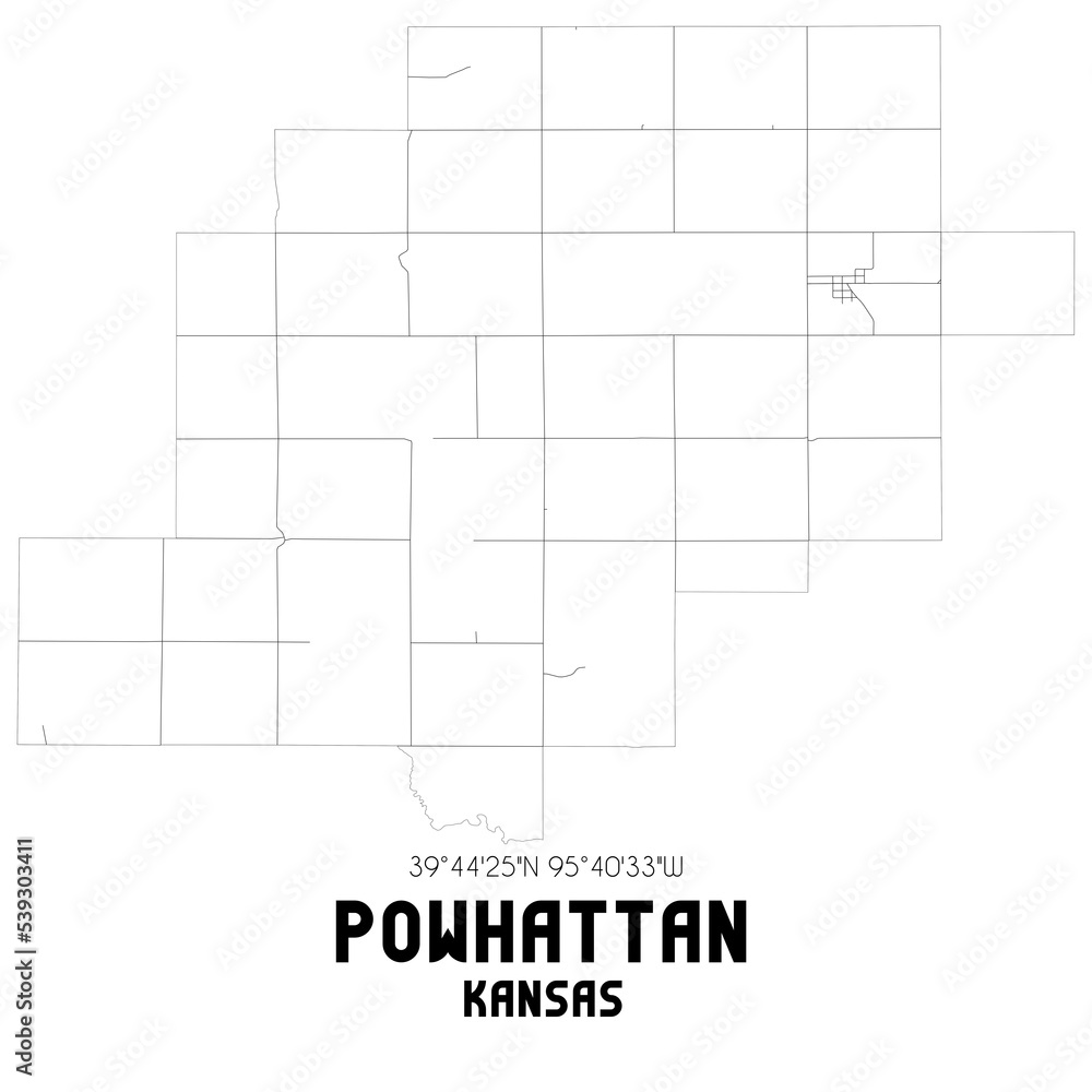 Powhattan Kansas. US street map with black and white lines.