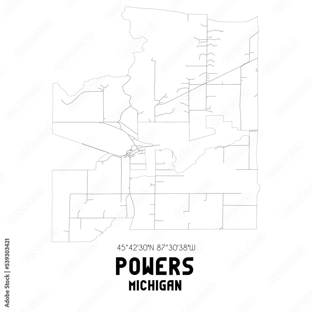 Powers Michigan. US street map with black and white lines.