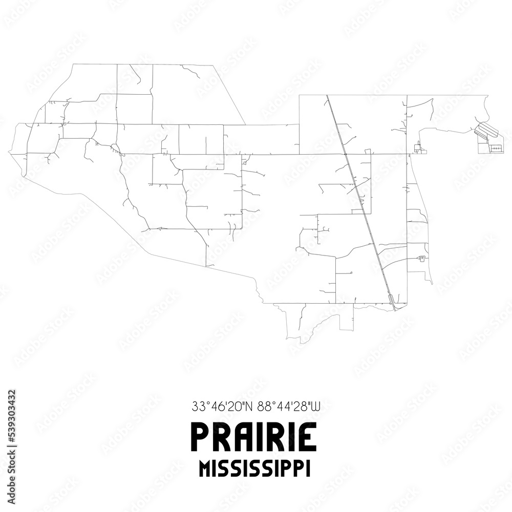 Prairie Mississippi. US street map with black and white lines.