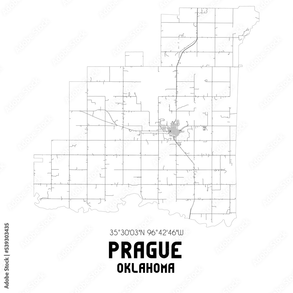 Prague Oklahoma. US street map with black and white lines.