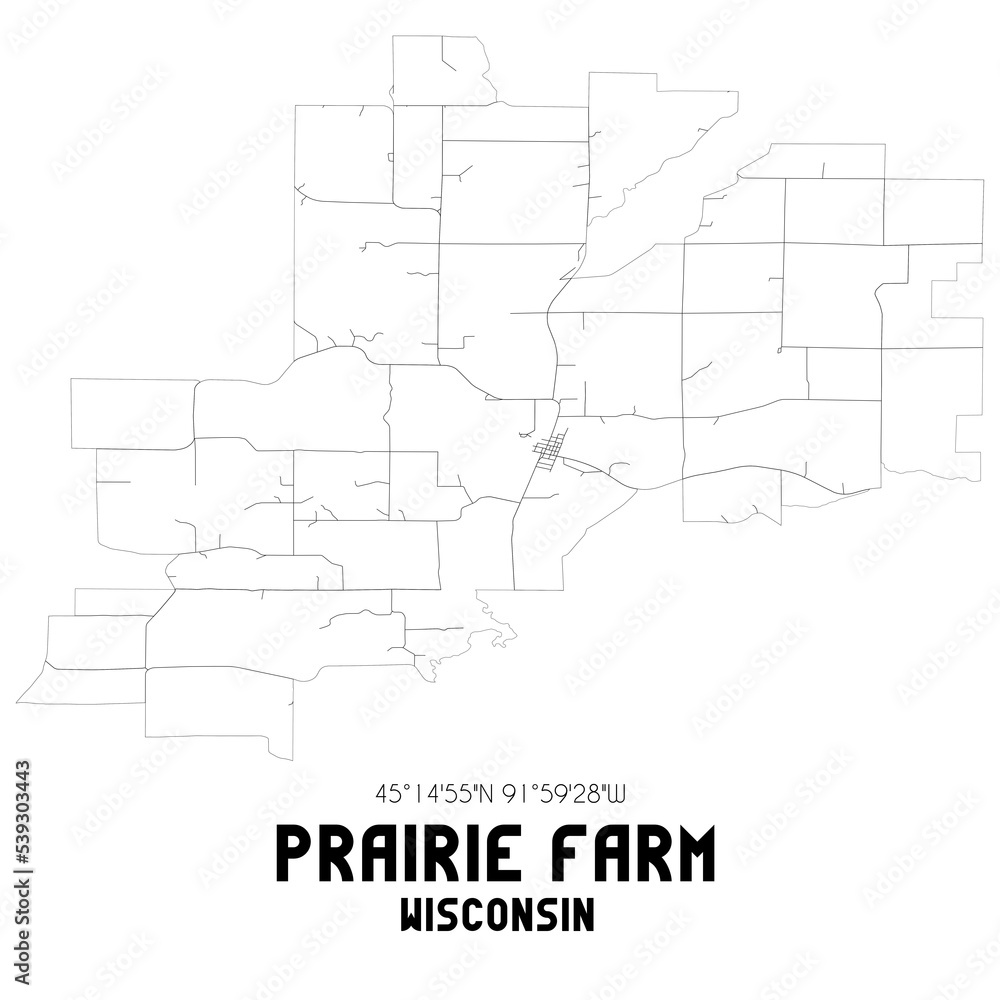 Prairie Farm Wisconsin. US street map with black and white lines.