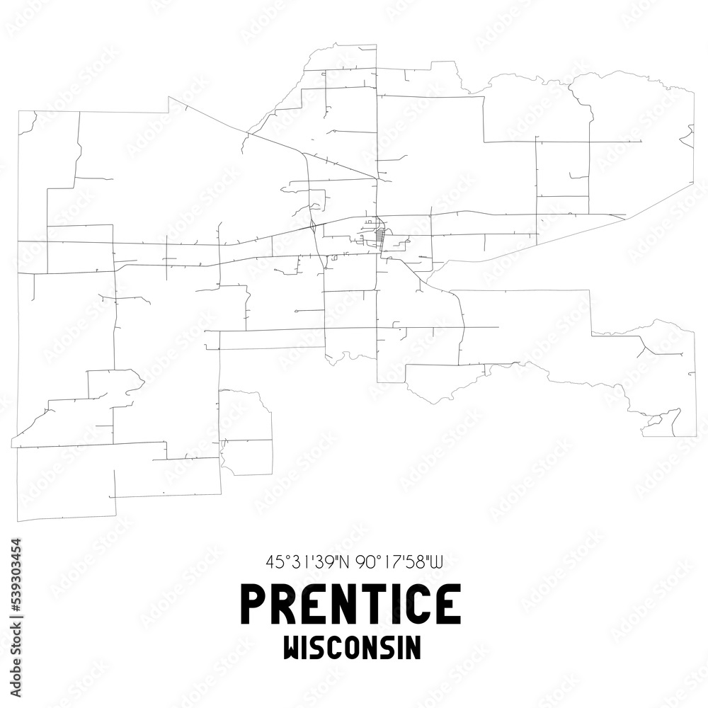 Prentice Wisconsin. US street map with black and white lines.