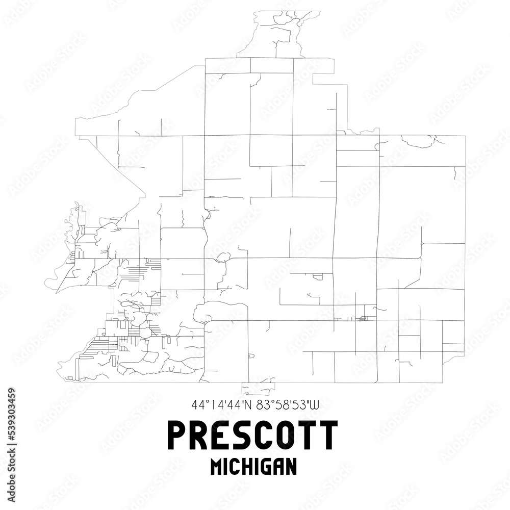 Prescott Michigan. US street map with black and white lines.