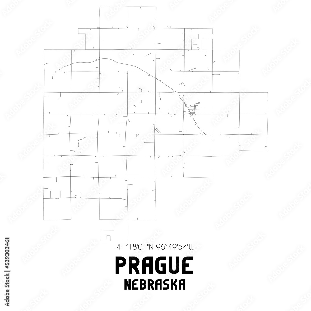 Prague Nebraska. US street map with black and white lines.