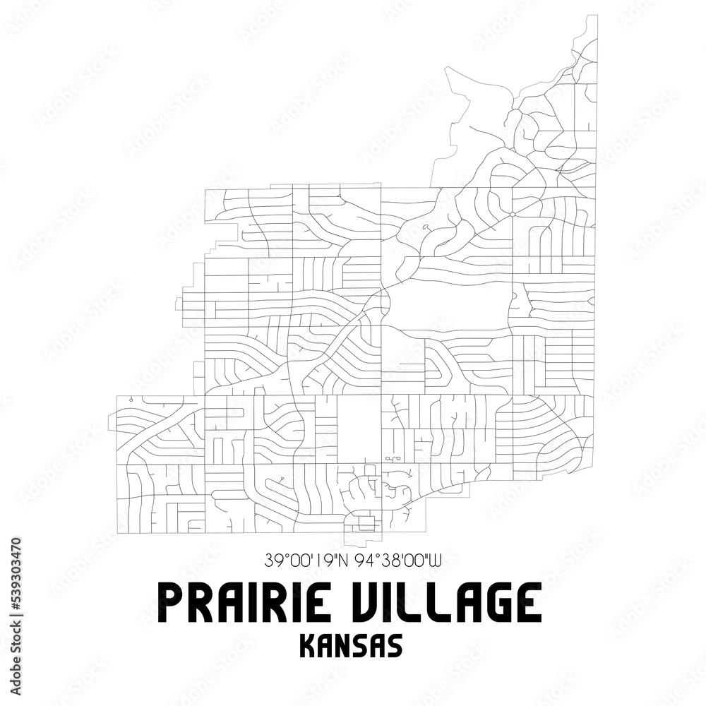 Prairie Village Kansas. US street map with black and white lines.