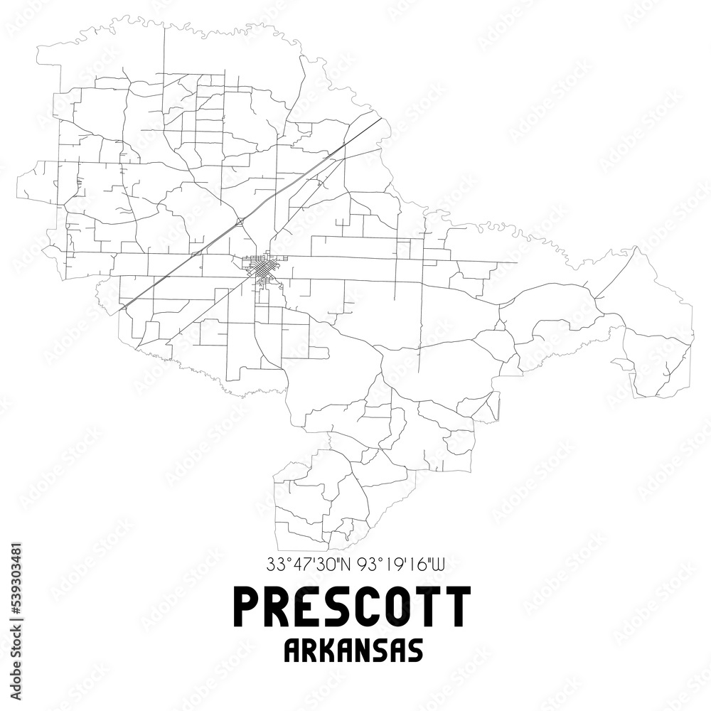 Prescott Arkansas. US street map with black and white lines.