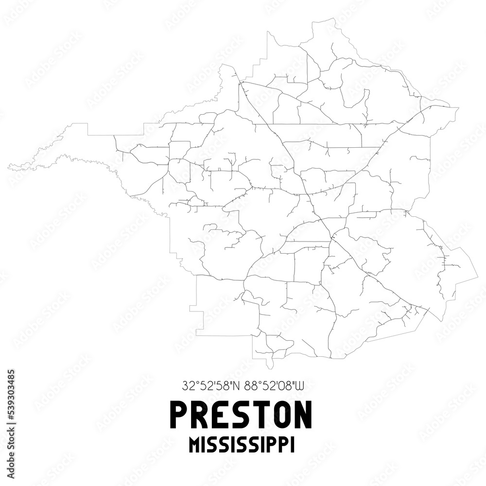 Preston Mississippi. US street map with black and white lines.