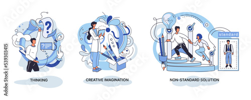 Creative thinking. People with different mental mindset types or model creative. Imaginative logical and structural thinking. MBTI person metaphor. Non standart solution. Brain think people solve idea