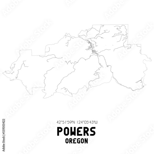 Powers Oregon. US street map with black and white lines.