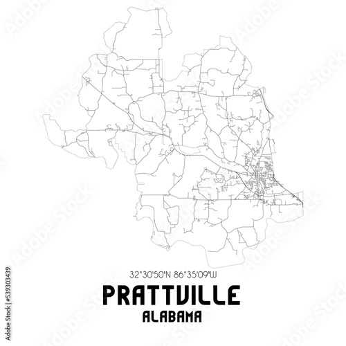 Prattville Alabama. US street map with black and white lines.