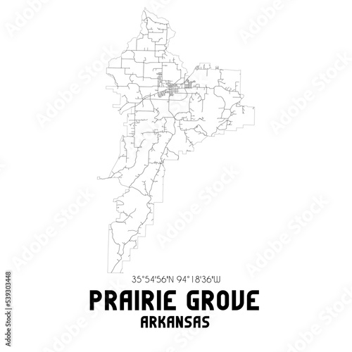 Prairie Grove Arkansas. US street map with black and white lines.