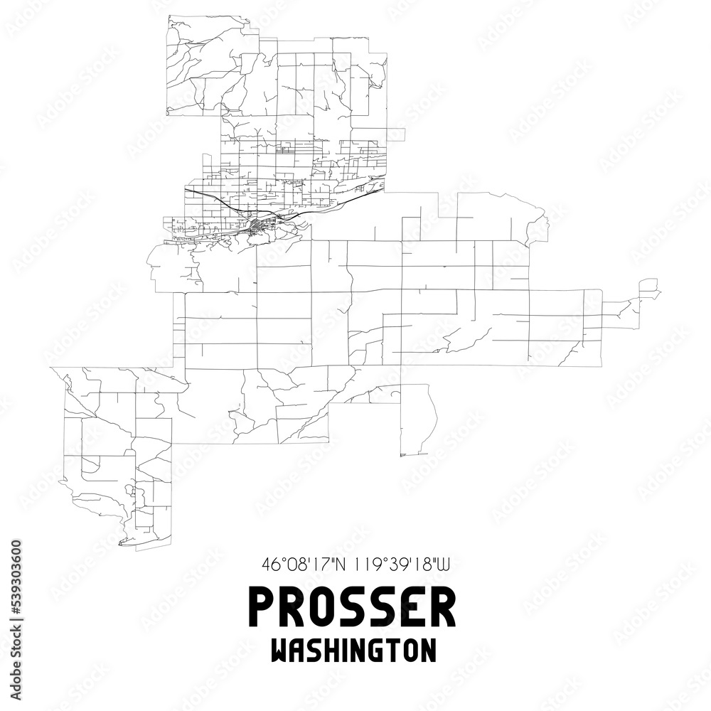Prosser Washington. US street map with black and white lines.