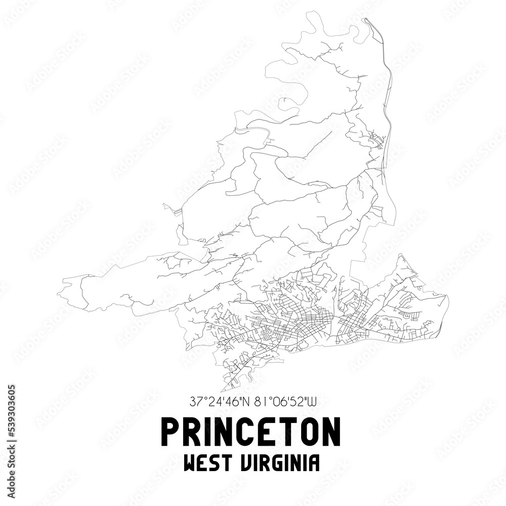 Princeton West Virginia. US street map with black and white lines.
