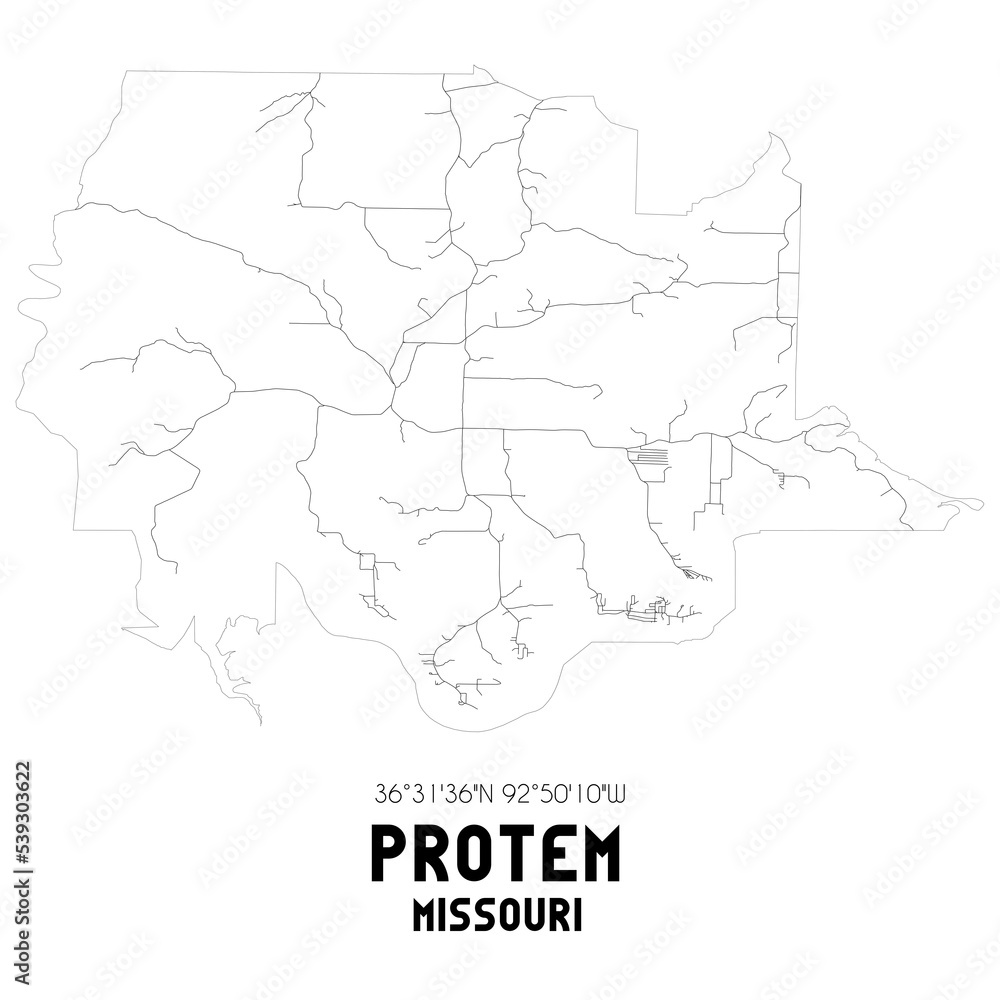 Protem Missouri. US street map with black and white lines. Protem Missouri. US street map with black and white lines.