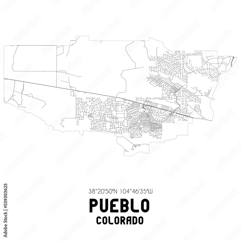 Pueblo Colorado. US street map with black and white lines.