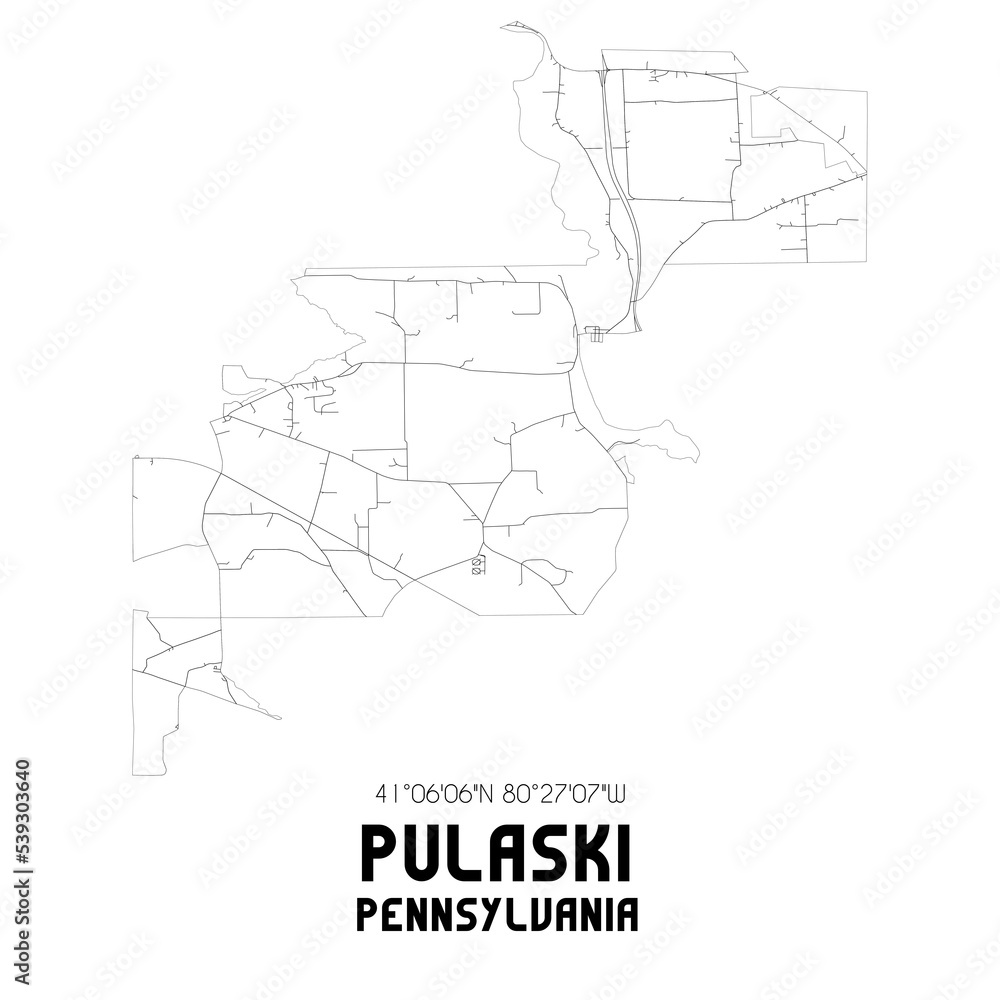 Pulaski Pennsylvania. US street map with black and white lines.