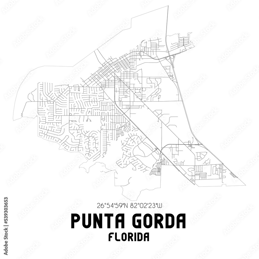 Punta Gorda Florida. US street map with black and white lines.