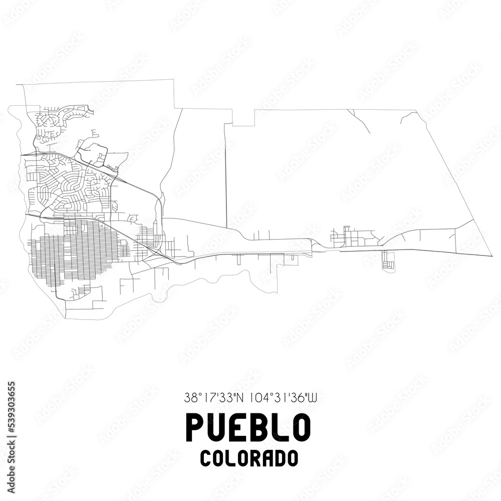Pueblo Colorado. US street map with black and white lines. Pueblo Colorado. US street map with black and white lines.