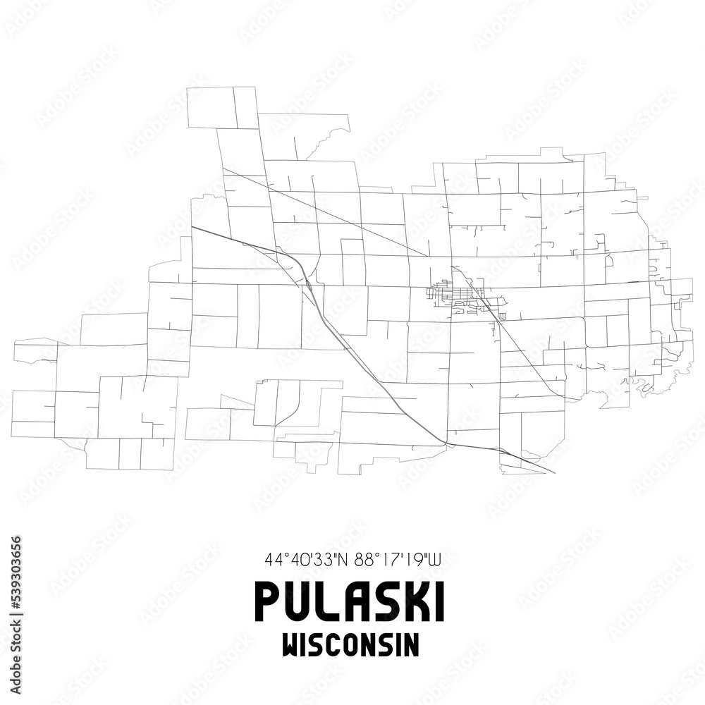 Pulaski Wisconsin. US street map with black and white lines.