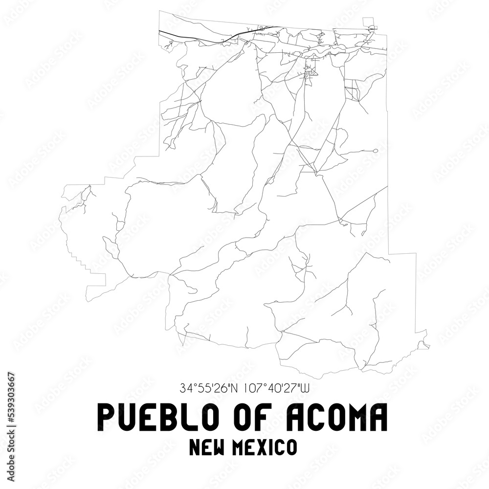 Pueblo Of Acoma New Mexico. US street map with black and white lines.