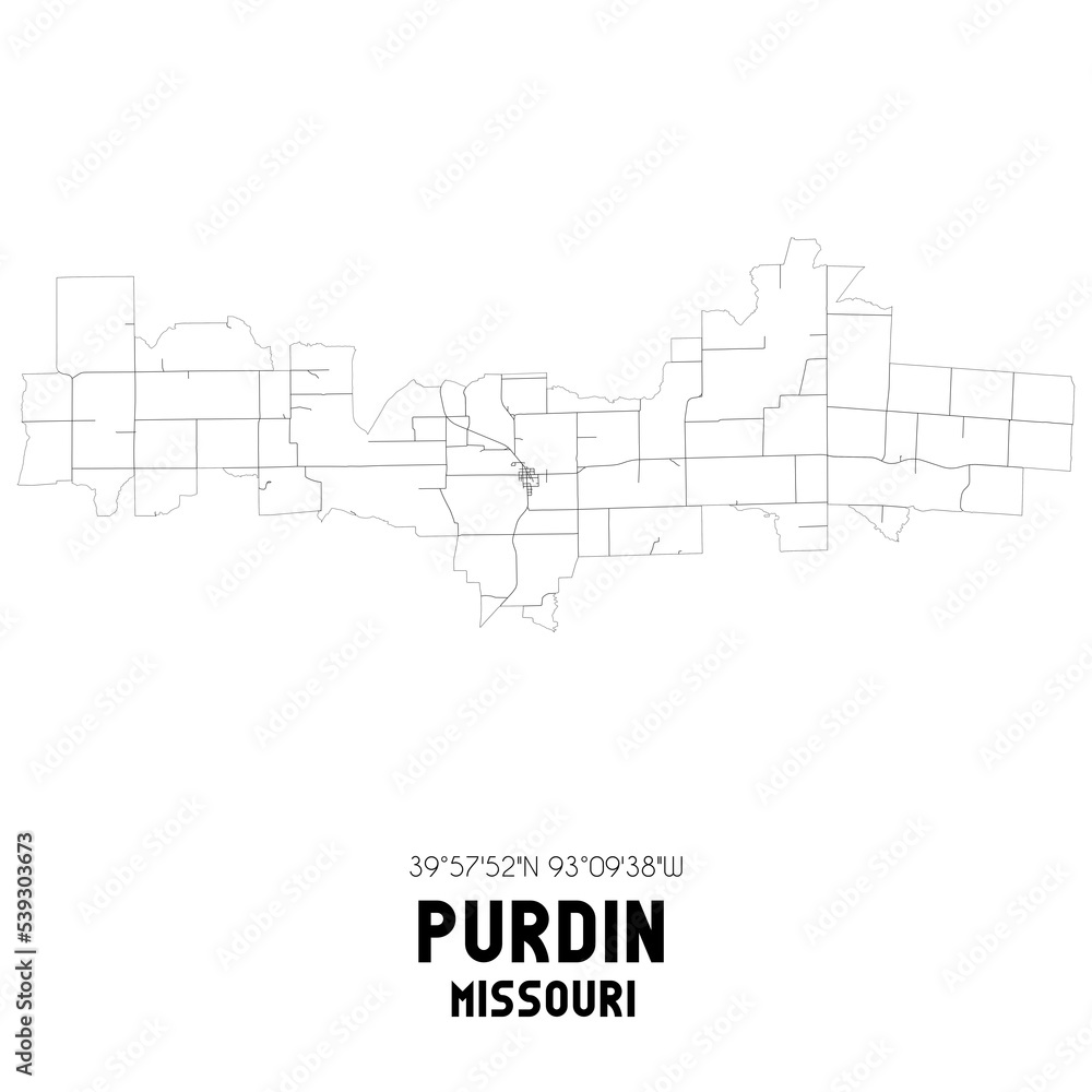 Purdin Missouri. US street map with black and white lines.