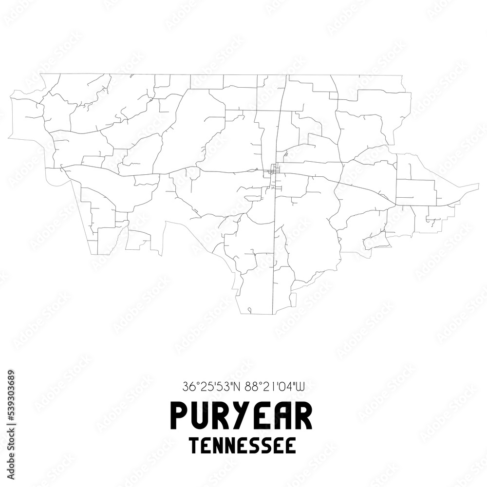 Puryear Tennessee. US street map with black and white lines.