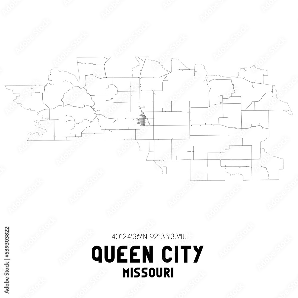 Queen City Missouri. US street map with black and white lines.