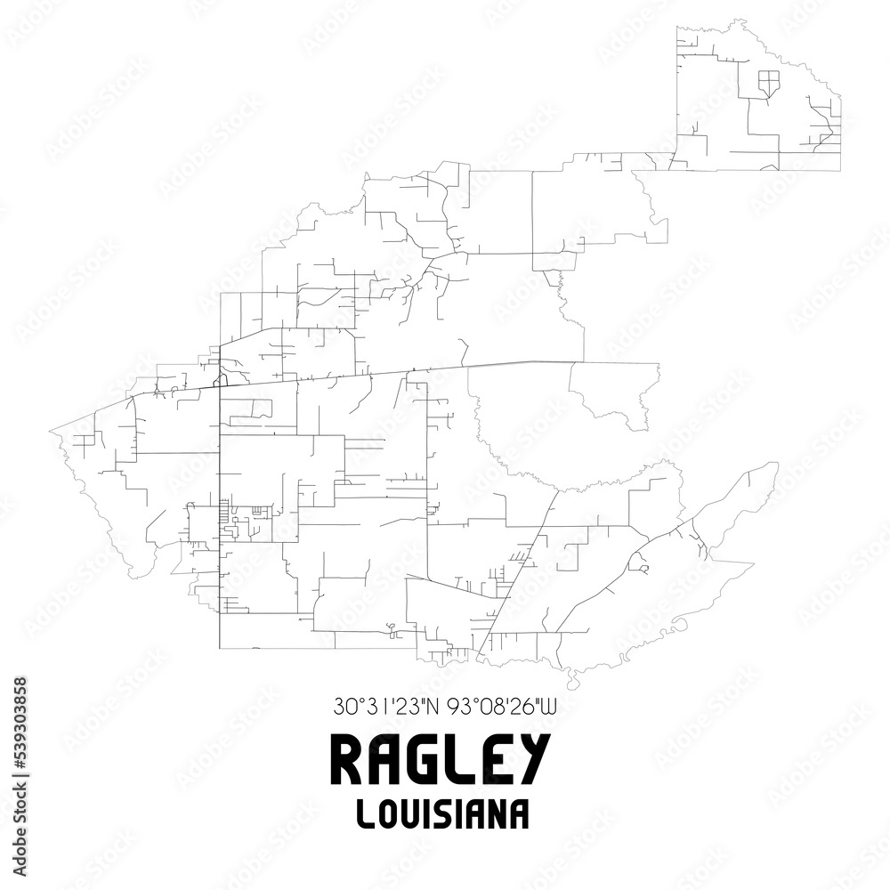 Ragley Louisiana. US street map with black and white lines.