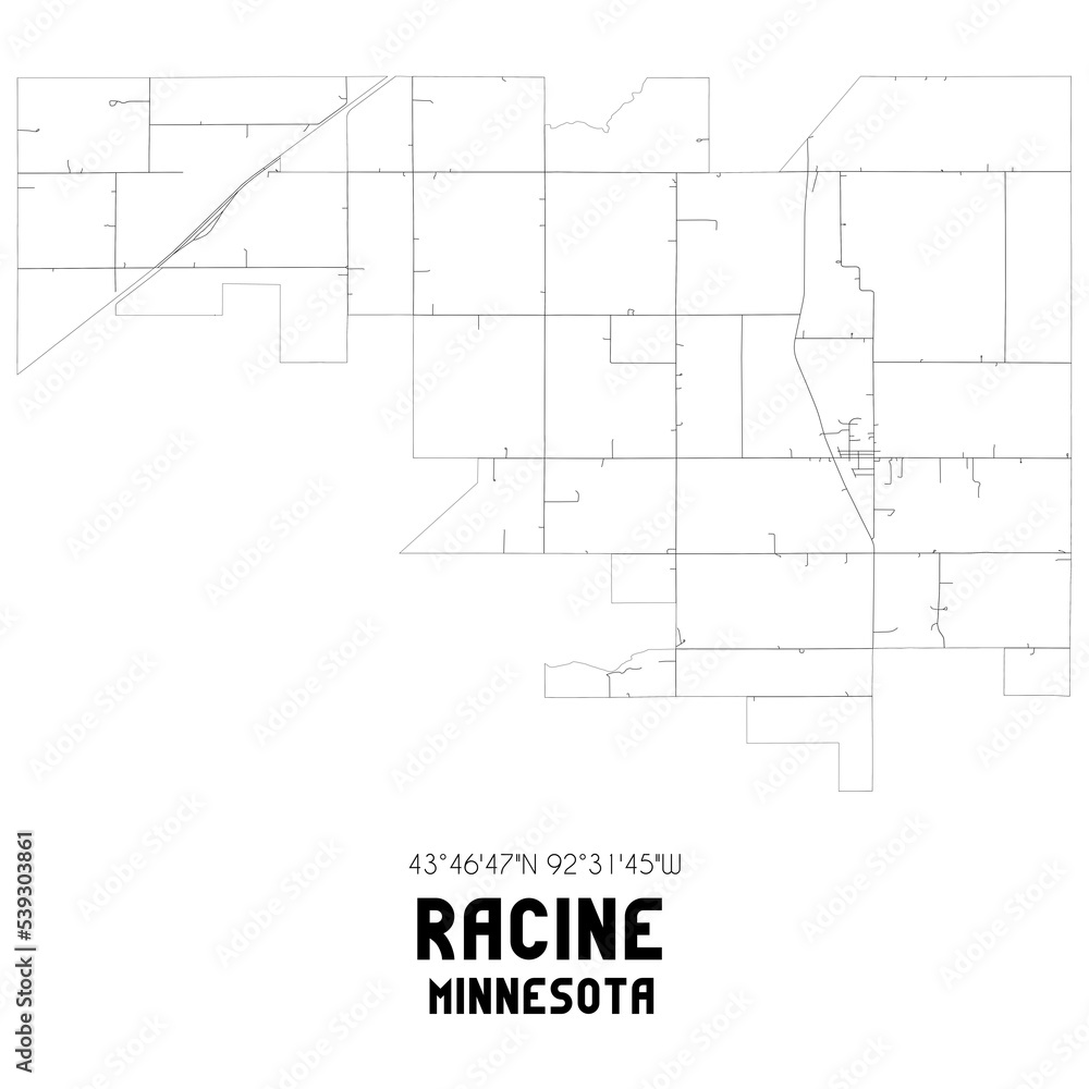 Racine Minnesota. US street map with black and white lines.