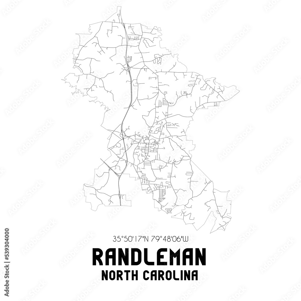 Randleman North Carolina. US street map with black and white lines.