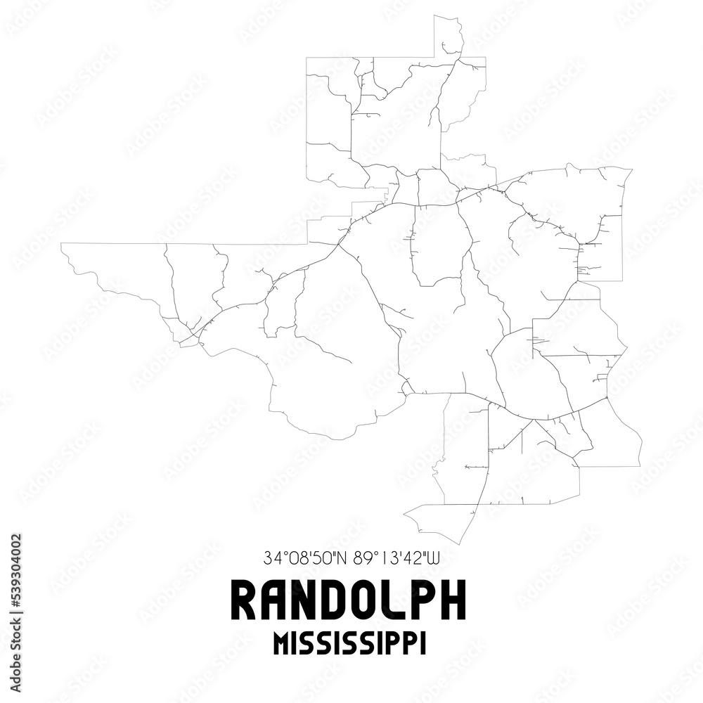 Randolph Mississippi. US street map with black and white lines.