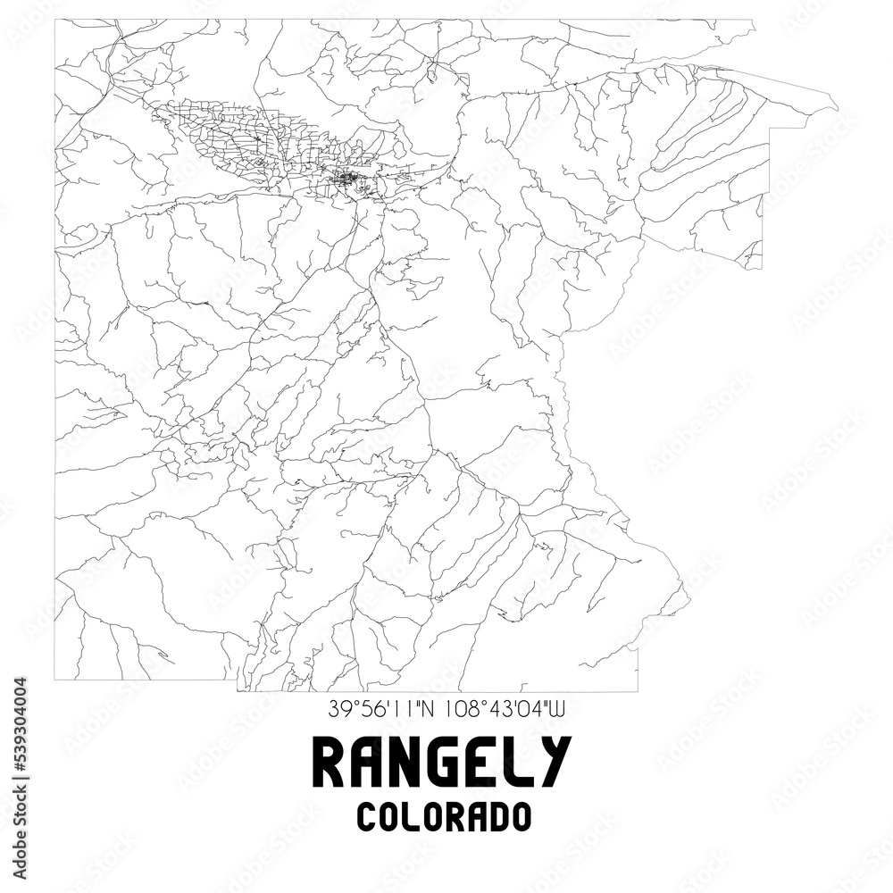 Rangely Colorado. US street map with black and white lines.