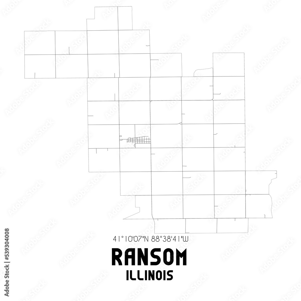 Ransom Illinois. US street map with black and white lines.