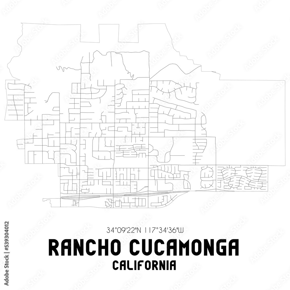 Rancho Cucamonga California. US street map with black and white lines.
