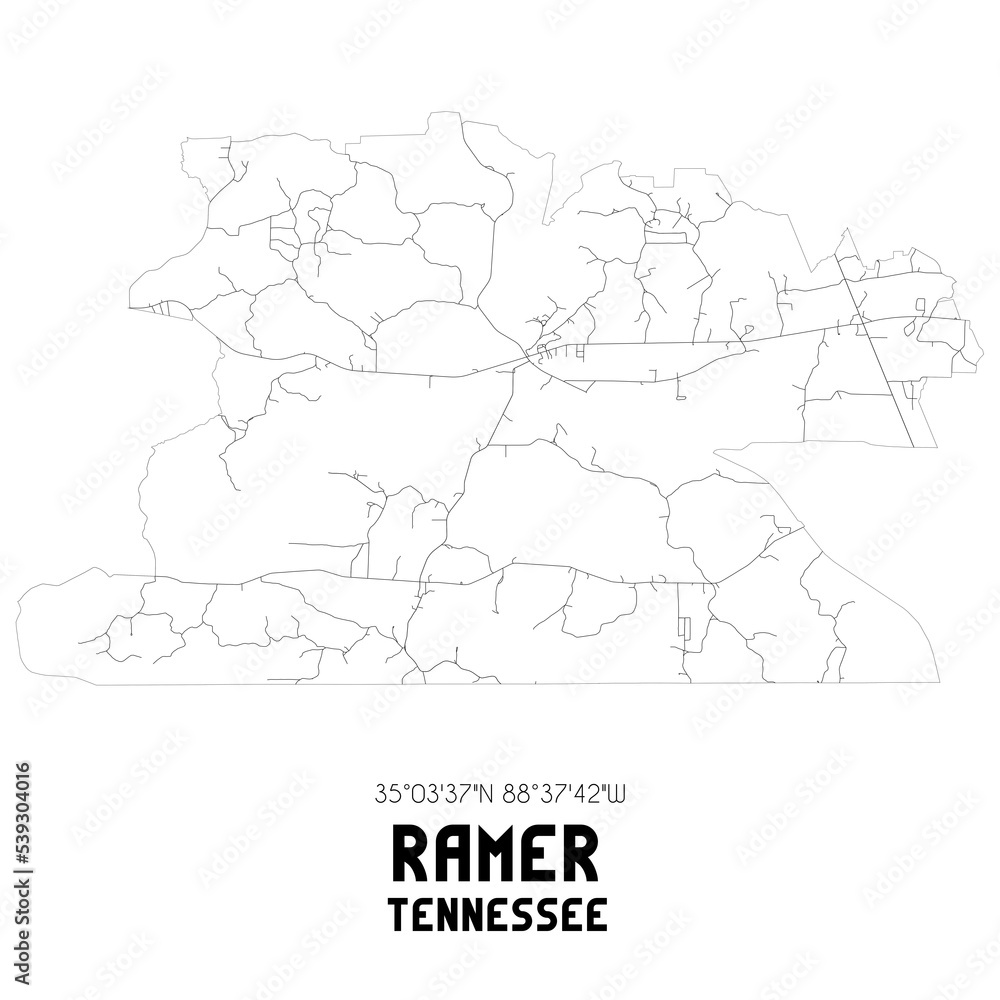 Ramer Tennessee. US street map with black and white lines.
