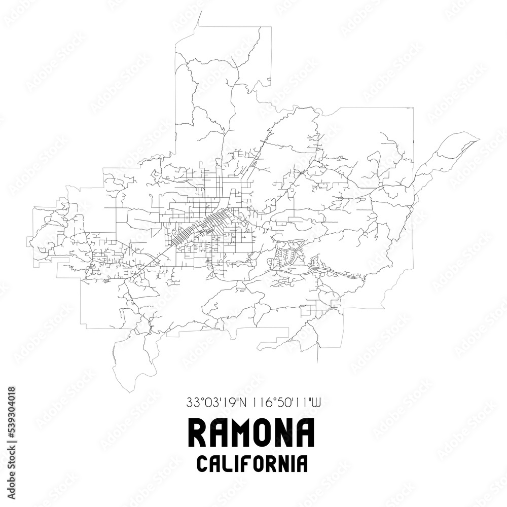 Ramona California. US street map with black and white lines.
