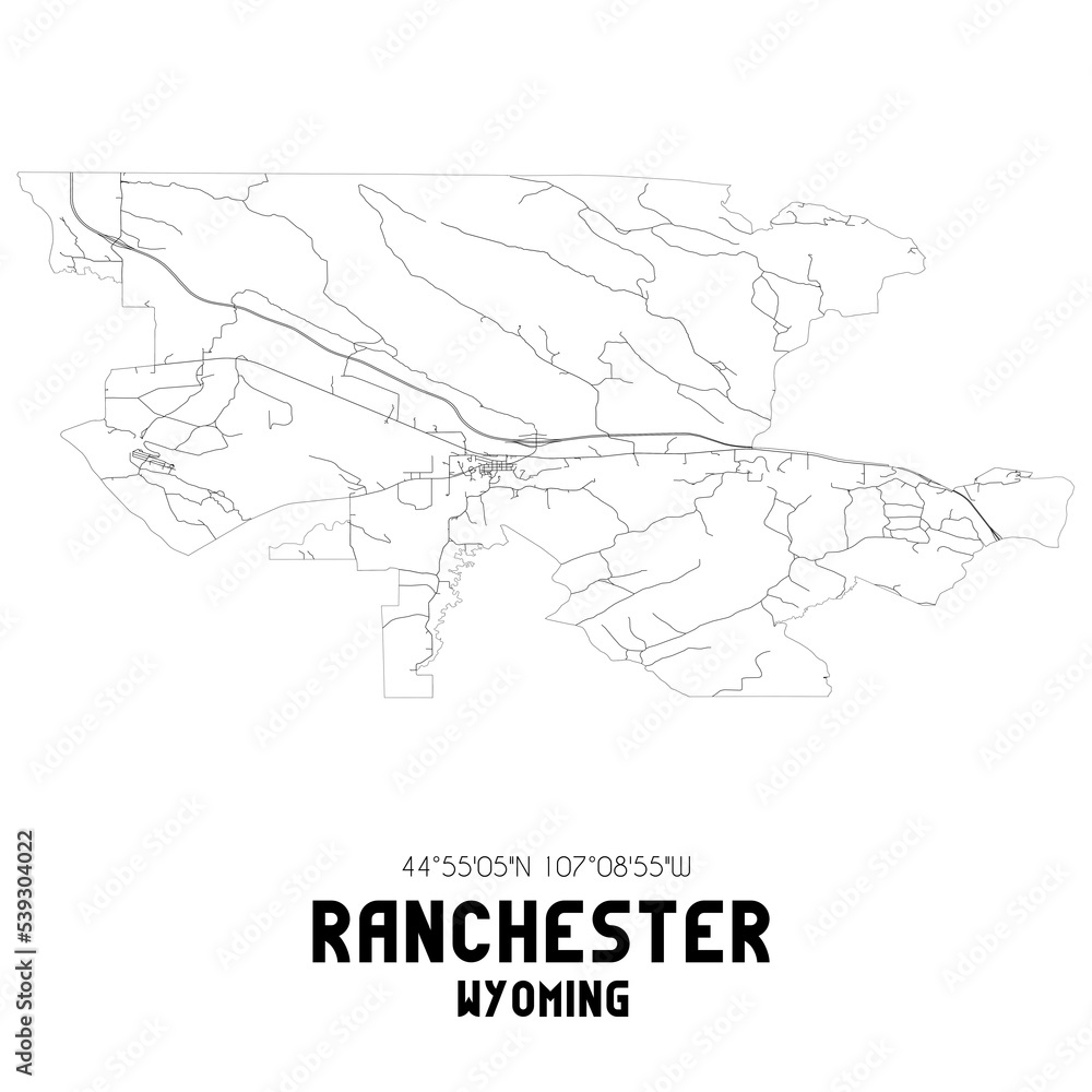 Ranchester Wyoming. US street map with black and white lines.