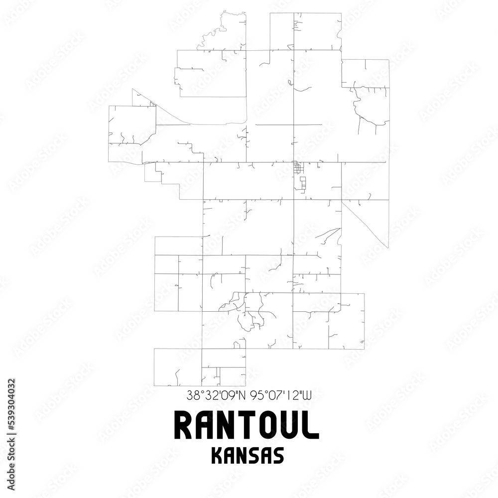 Rantoul Kansas. US street map with black and white lines.