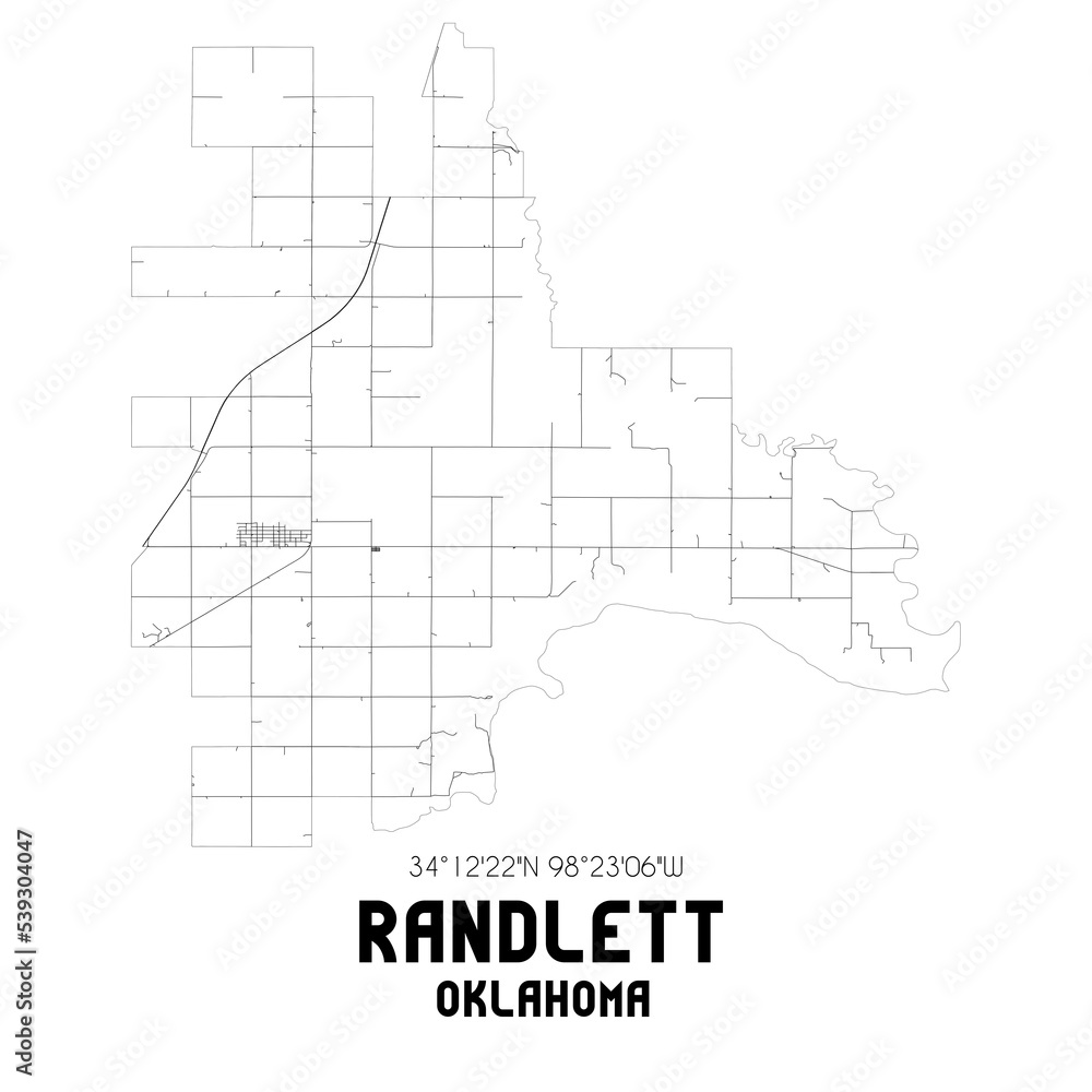 Randlett Oklahoma. US street map with black and white lines.