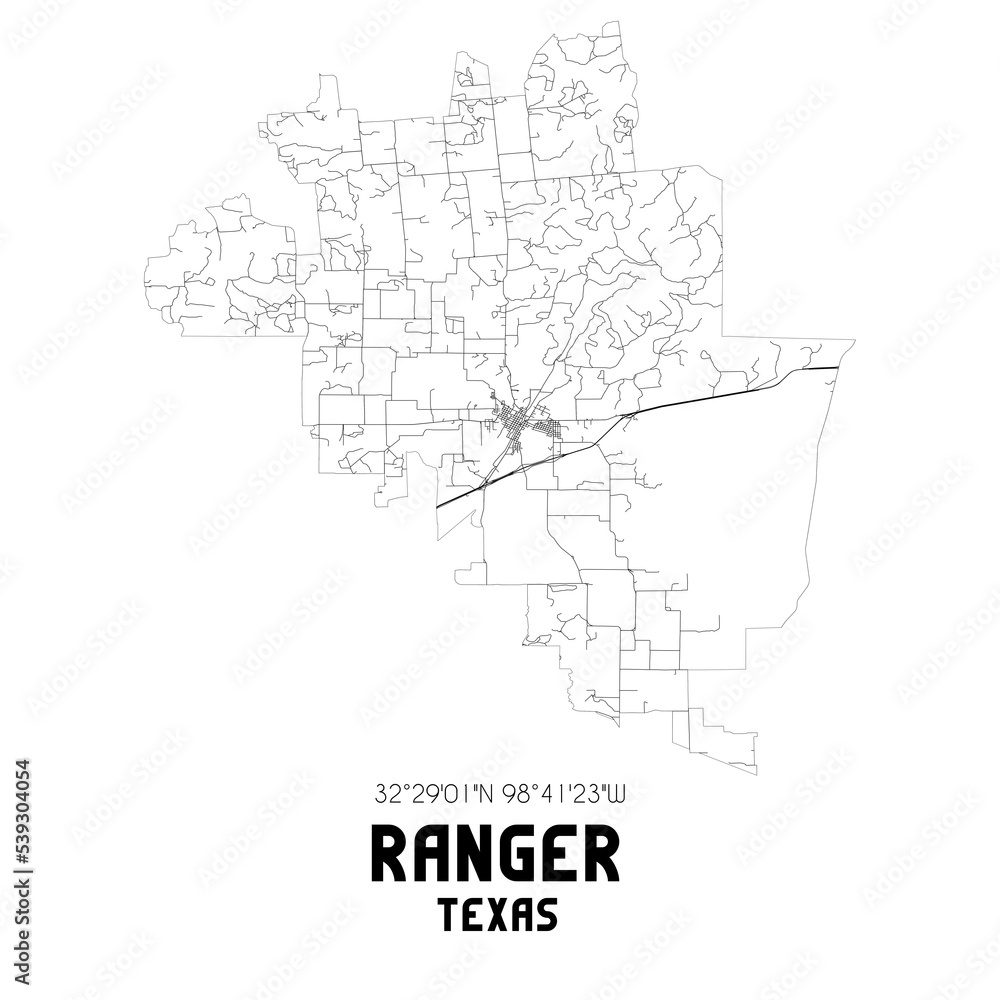 Ranger Texas. US street map with black and white lines.