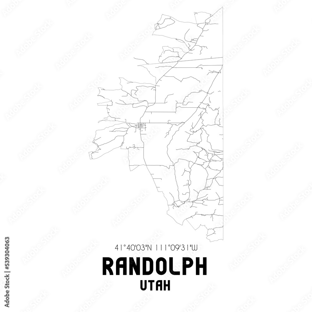 Randolph Utah. US street map with black and white lines.